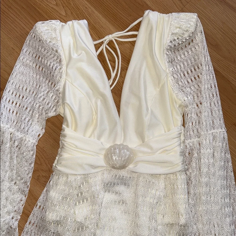 PatBO Plunge Long Sleeve Beach Dress Ivory Lace Mesh Dress Seashell Medium - Picture 3 of 11